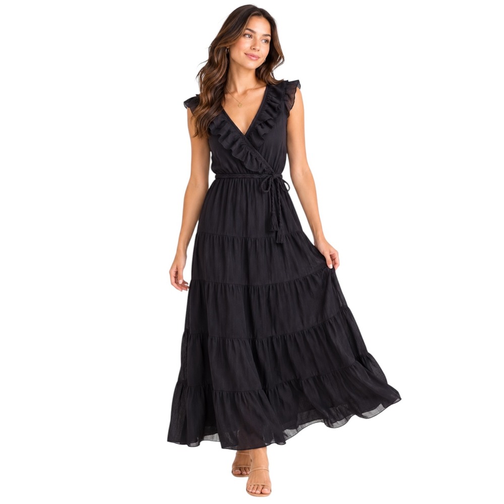 J.Crew Black Ruffle Tiered Maxi Dress 00 Cotton Boho Wrap Belted AK262